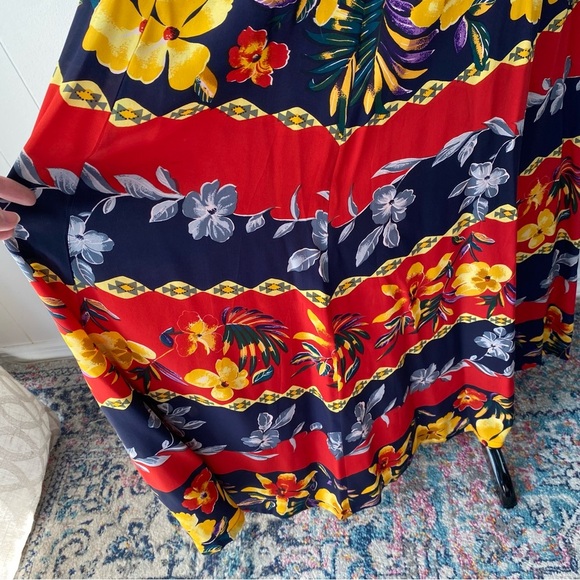 Silk Maxi Skirt Size Large FUDA Vintage Vibrant Red Yellow Blue Floral Tropical - Picture 3 of 16